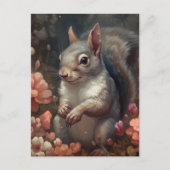 ピンク色の花を持つリス ポストカード (正面)