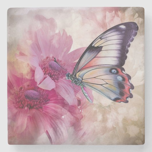 ピンク色の花を持つ夢のような蝶 ストーンコースター (正面)