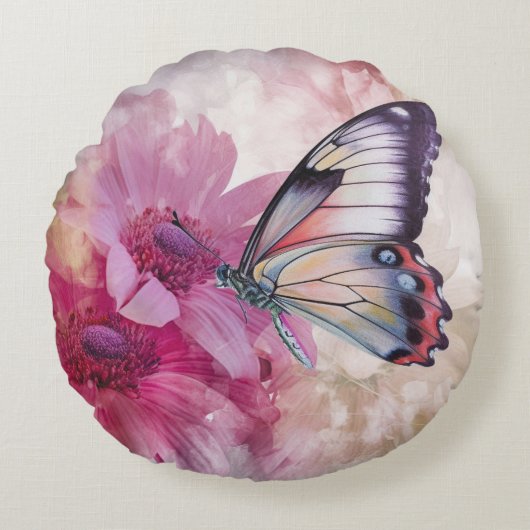 ピンク色の花を持つ夢のような蝶 ラウンドクッション (正面)