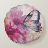 ピンク色の花を持つ夢のような蝶 ラウンドクッション (裏面)
