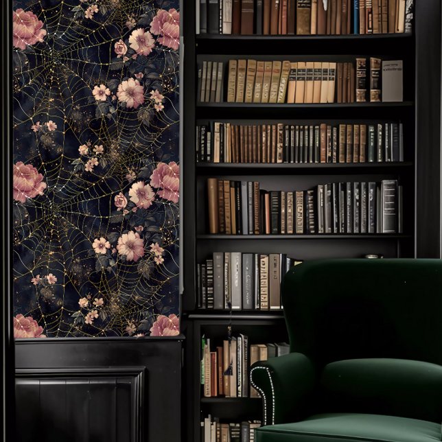 ピンク色の花を持つ暗いアカデミクモの巣 壁紙 (Dark Academia Spider Webs with Pink Flowers Wallpaper in a library.)
