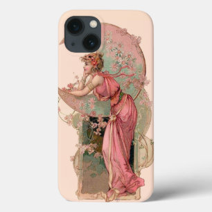 ピンク色の花を持つ月の女性 iPhone 13ケース