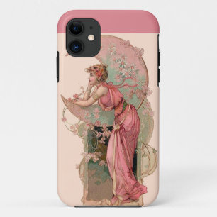 ピンク色の花を持つ月の女性 iPhone 11 ケース