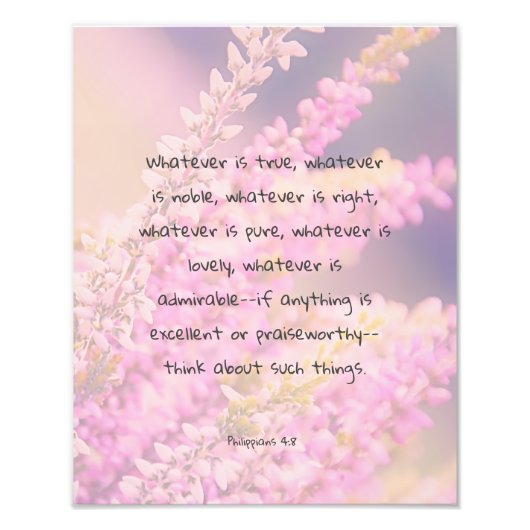 ピンク色の花を持つ美しい聖書の詩の引用文 フォトプリント            (正面)