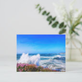 ピンク色の花を持つ見事な印象派の波 ポストカード (スタンド正面)