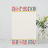 ピンク色の花を文房具にストライプ飾る 便箋 (スタンド正面)