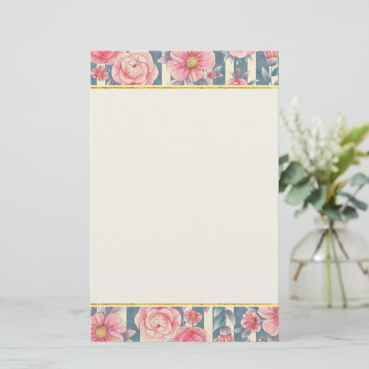 ピンク色の花を文房具にストライプ飾る 便箋 (スタンド正面)
