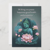 ピンク色の花を添えた平和な仏陀の挨拶状 シーズンカード (正面)