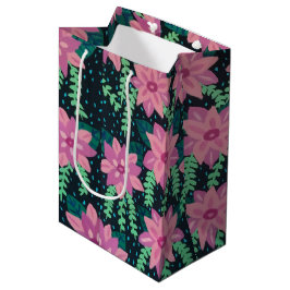 ピンク色の花を黒に ミディアムペーパーバッグ