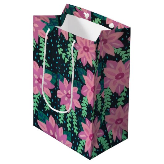 ピンク色の花を黒に ミディアムペーパーバッグ (正面アングル)