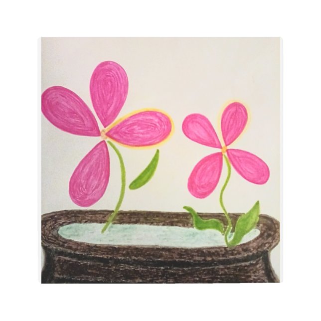 ピンク色の花を2つ春 メタルプリント (正面)