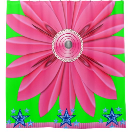 ピンク色の花ショールカーテンブルーの星 シャワーカーテン (正面)