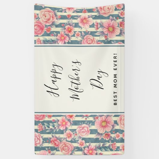 ピンク色の花ストライプが母の日 横断幕 (縦)