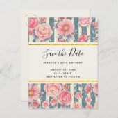 ピンク色の花ストライプ付き日付を保存 インビテーションポストカード (正面/裏面)