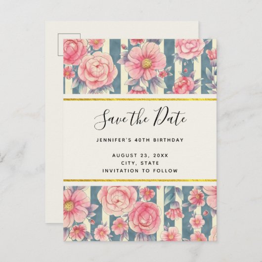 ピンク色の花ストライプ付き日付を保存 インビテーションポストカード (正面/裏面)