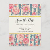 ピンク色の花ストライプ付き日付を保存 インビテーションポストカード (正面)