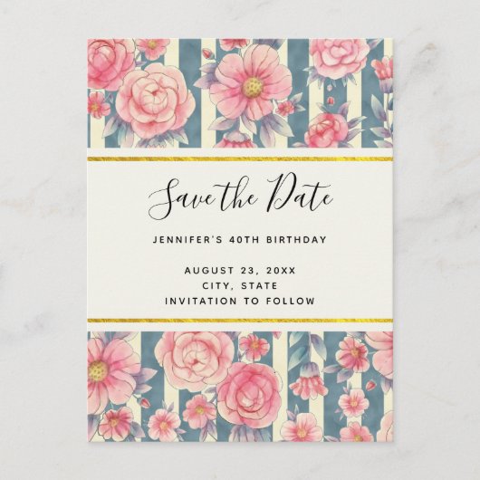 ピンク色の花ストライプ付き日付を保存 インビテーションポストカード (正面)