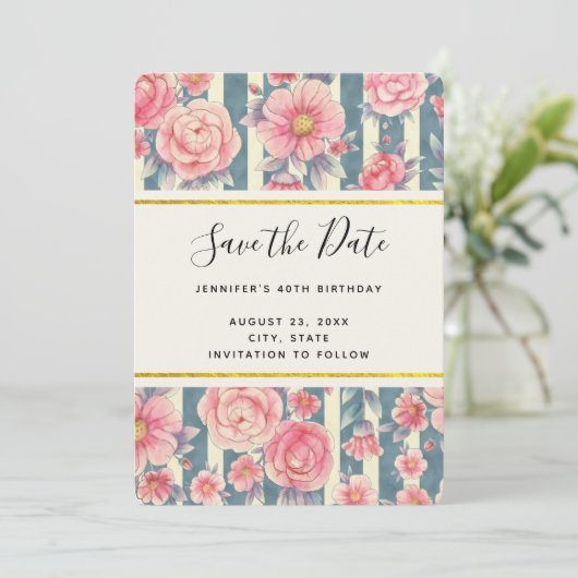 ピンク色の花ストライプ付き日付を保存 セーブザデート (スタンド正面)