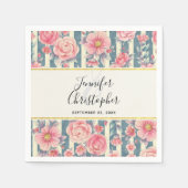 ピンク色の花ストライプ付結婚き スタンダードカクテルナプキン (正面)