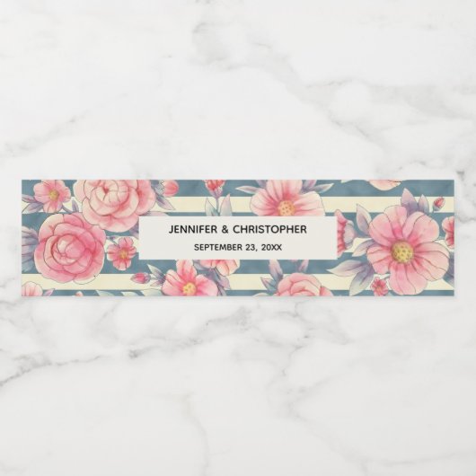 ピンク色の花ストライプ付結婚き ペットボトルラベル (シングルラベル)