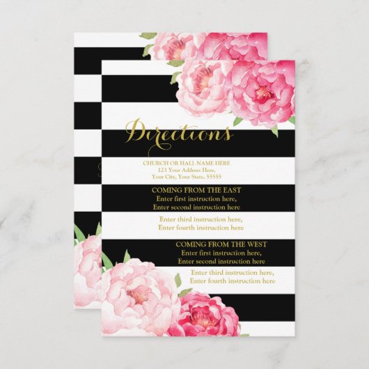 ピンク色の花ストライプ黒の結婚方向挿入 エンクロージャーカード (正面/裏面)