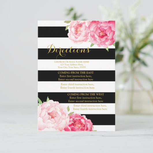 ピンク色の花ストライプ黒の結婚方向挿入 エンクロージャーカード (スタンド正面)