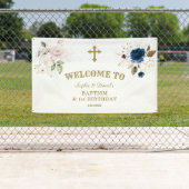 ピンク色の花ツインズ1stバースデーウェルカムサイン 横断幕 (インサイチュ)