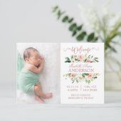 ピンク色の花バラ金ゴールド写真誕生のお知らせ 案内状 (スタンド正面)