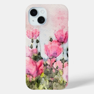 ピンク色の花フローラ絵画水色 iPhone 15ケース