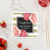 ピンク色の花ブラック金ゴールドストライプベビーシャワー スタンダードカクテルナプキン (インサイチュ)