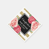 ピンク色の花ブラック金ゴールドストライプベビーシャワー スタンダードカクテルナプキン (角)