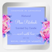 ピンク色の花ブルーシルバー製品の包装ラベル スクエアシール (正面)