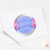ピンク色の花ブルーシルバー製品の包装ラベル ラウンドシール (封筒)
