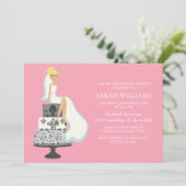 ピンク色の花嫁がケーキに結婚登場 招待状 (スタンド正面)