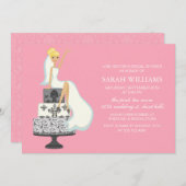 ピンク色の花嫁がケーキに結婚登場 招待状 (正面/裏面)