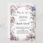 ピンク色の花模様の男の子または女の子のジェンダーが明らかにする 招待状 (正面)