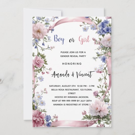 ピンク色の花模様の男の子または女の子のジェンダーが明らかにする 招待状 (正面)