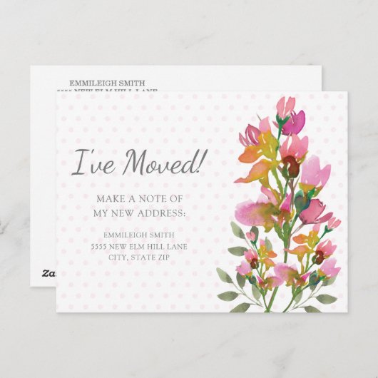ピンク色の花水玉模様の住所の変更 ポストカード (正面/裏面)