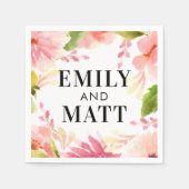 ピンク色の花結婚のモノグラム スタンダードカクテルナプキン (正面)