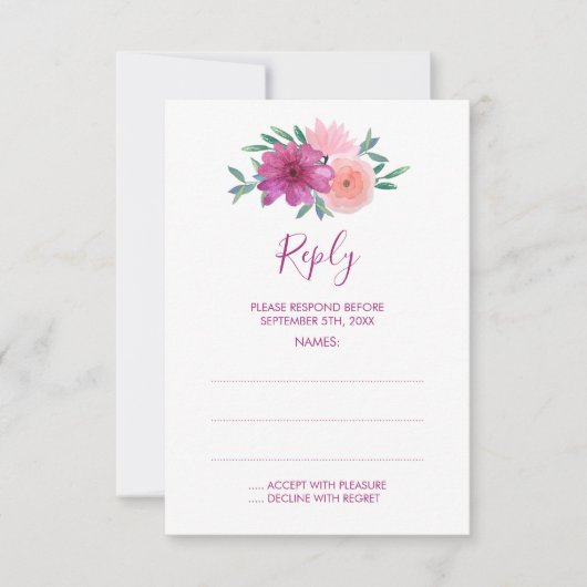 ピンク色の花結婚の返信カード 出欠カード (正面)