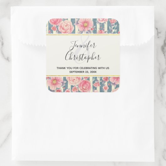 ピンク色の花結婚様ありがとう スクエアシール (バッグ)