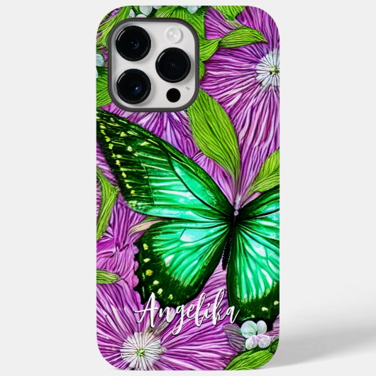 ピンク色の花緑の蝶 |名パーソナライズされた前 Case-Mate iPhoneケース (裏面)