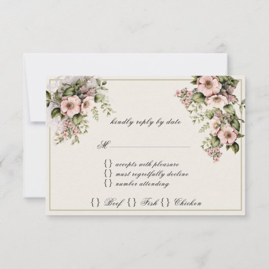 ピンク色の花花グリーンつる植物シダ 出欠カード (裏面)