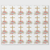 ピンク色の花茶色の宗教的なクロス復活祭 ラッピングペーパー (フラット)