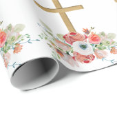 ピンク色の花茶色の宗教的なクロス復活祭 ラッピングペーパー (ロールコーナー)