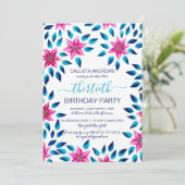 ピンク色の花葉類アクリル絵を描誕生日 招待状 (スタンド正面)