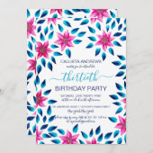 ピンク色の花葉類アクリル絵を描誕生日 招待状 (正面/裏面)