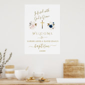 ピンク色の花金ゴールドツインズバプテスムウェルカムサイン ポスター (キッチン)