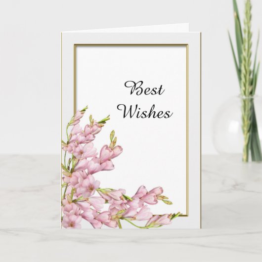 ピンク色の花金ゴールド結婚フレームおめでとう カード (正面)