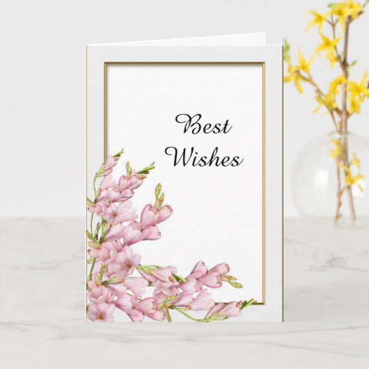 ピンク色の花金ゴールド結婚フレームおめでとう カード (黄色い花)